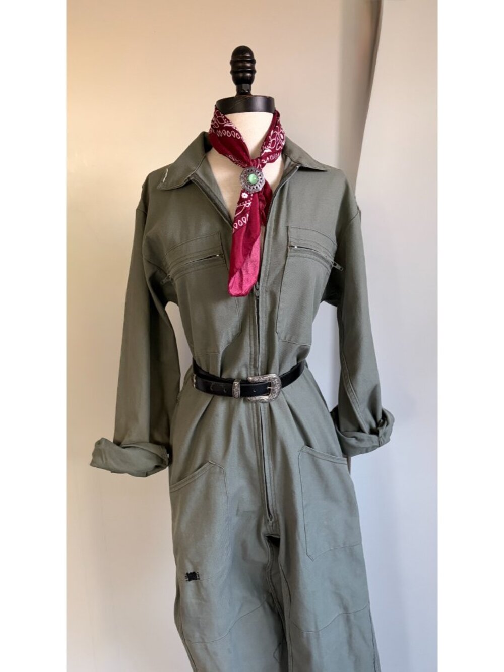 Vintage Military Overalls Army Green Workwear Jumpsuit Cotton Unisex Size L